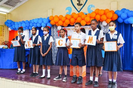 Students doing a welcoming act at the launching of the Literacy and Robotics Programme at the La Retraite Primary School on Wednesday (Ministry of Education photo)
