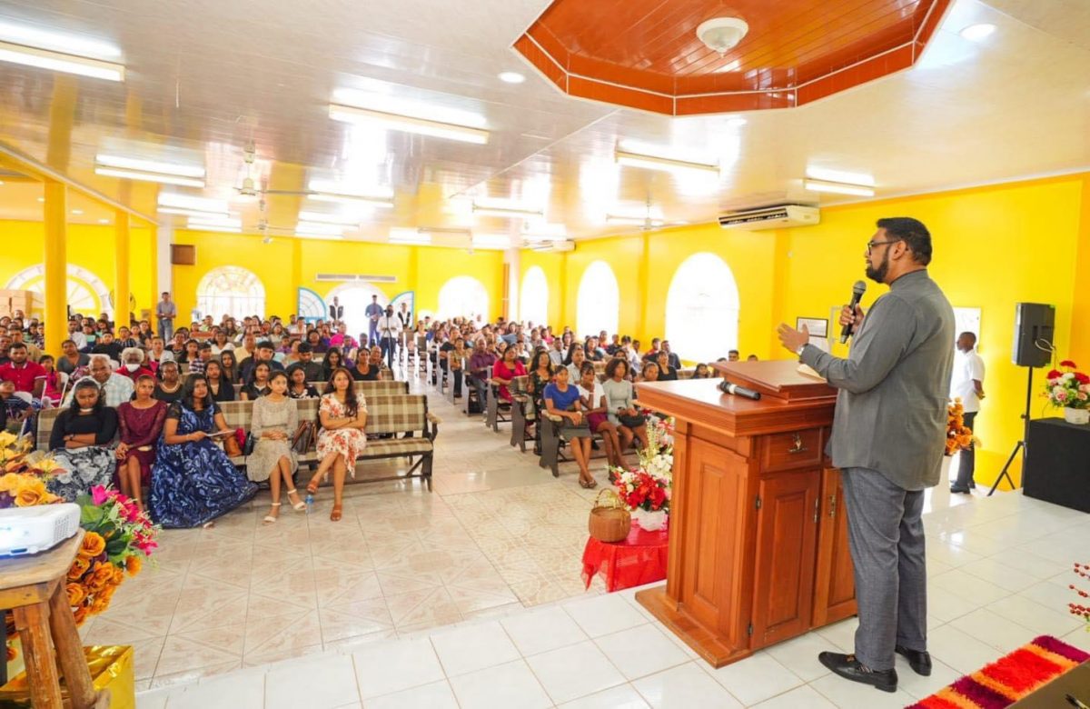 President Irfaan Ali speaking to the congregation today. (Office of the President photo)