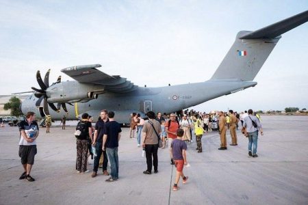 A French Air Force aircraft carrying evacuees from Sudan arrives in Djibouti in this photo released on April 23, 2023. PHOTO: REUTERS