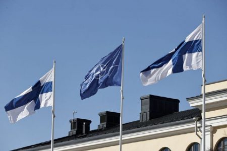 Finnish and Nato flags flutter at the courtyard of the Foreign Ministry, ahead of Finland's accession to NATO, in Helsinki, Finland, April 4, 2023. Lehtikuva/Antti Hamalainen via REUTERS