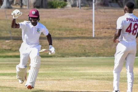 Kevlon Anderson celebrating his maiden first class century in the Headley-Weekes Tri-Series