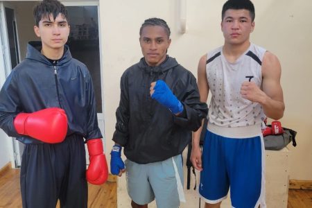 Keevin ‘Lightning’ Allicock (centre) springs into action today at the International Boxing Association (IBA) Men’s World Boxing Championships which gets underway at the
Humo Arena in the Uzbekistan capital, Tashkent.
