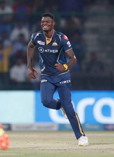 Fast bowler Alzarri Joseph celebrates a wicket during Tuesday’s contest against Delhi Capitals. (Photo courtesy IPL) 