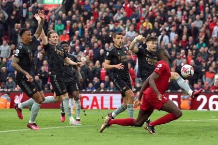 Liverpool’s Ibrahima Konate shoots at goal with his chest REUTERS/Phil Noble