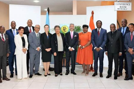 Indian Foreign Minister, Dr. Subrahmanyam Jaishankar (sixth from right) with CARICOM ministers and officials. (Department of Public Information photo)