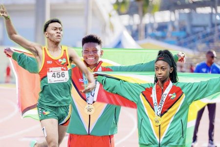 From left, Javon Roberts,   Anisha Gibbons and  Tianna Springer each recorded gold medal performances as part of Team Guyana eight-medal haul at this year’s CARIFTA Games which concluded last night in The Bahamas. (Newsroom photos)