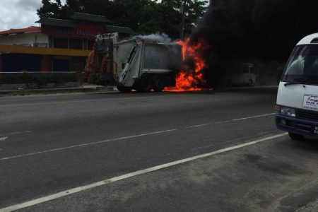 The truck ablaze