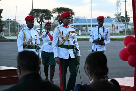 New Chief of Staff of the Guyana Defence Force, Brigadier Omar Khan at yesterday’s change of parade ceremony at Camp Ayan-ganna which officialised the retirement of Brigadier Godfrey Bess as CoS. (Ministry of Home Affairs photo)