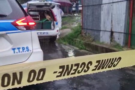 A crime scene investigator at the scene of the triple murder in Charlo Village in Penal, on Tuesday 25 April 2023. [Image by Rishi Ragoonath]