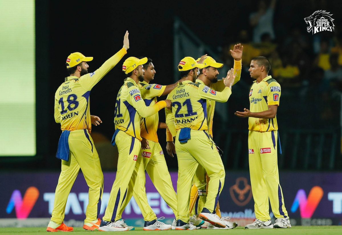 The Chennai Super Kings players celebrate the dismissal of another Sunrisers Hyderabad player’s wicket. (Photo courtesy Chennai Super Kings website)
