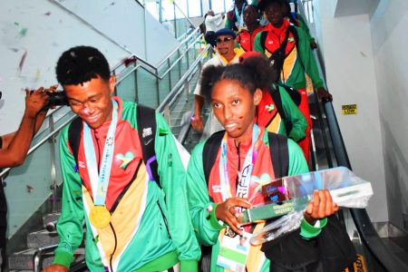 A grand welcome at the CJIA yesterday for Guyana’s CARIFTA Games athletes. (CJIA photo)
