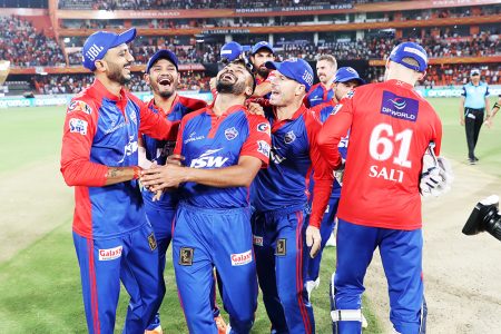 The Delhi Capitals players are overjoyed after their tense, seven run win.
