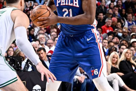 Joel Embiid scored 52 points against the Boston Celtics Tuesday night. (Photo courtesy Reuters)