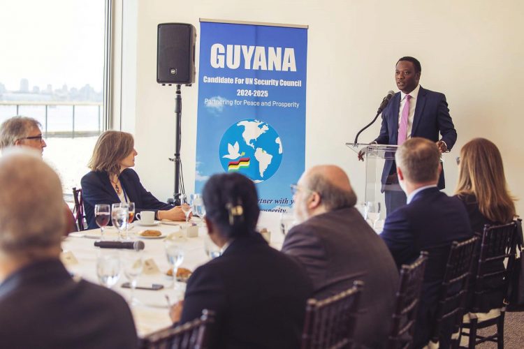 Minister of Foreign Affairs Hugh Todd making his pitch to the GRULAC meeting. (Ministry of Foreign Affairs photo)