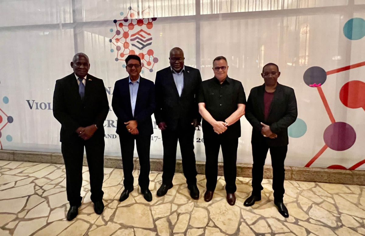 Guyana team: From left are Home Affairs Minister, Robeson Benn; Attorney General, Anil Nandlall; Prime Minister Mark Phillips; National Security Advisor, Gerry Gouveia and Acting Commissioner of Police Clifton Hicken  