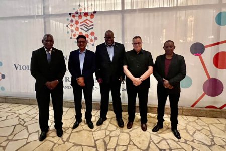 Guyana team: From left are Home Affairs Minister, Robeson Benn; Attorney General, Anil Nandlall; Prime Minister Mark Phillips; National Security Advisor, Gerry Gouveia and Acting Commissioner of Police Clifton Hicken  
