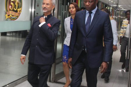 Indian External Affairs Minister Dr Subrahmanyam Jaishankar (left) was last night received at the Cheddi Jagan International Airport, Timehri by Minister of Foreign Affairs, Hugh Todd (right).
Jaishankar is leading a six-member delegation on an official visit to Guyana from April 20 to 24, 2023. A packed agenda has been planned.  (Ministry of Foreign Affairs photo)