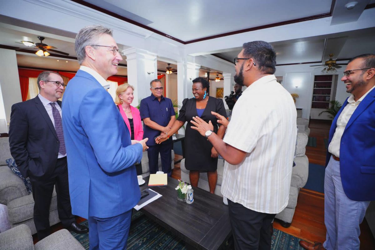 President Irfaan Ali (second from right) yesterday hosted a breakfast at State House with US Ambassador Sarah-Ann Lynch, Deputy British High Commissioner Judy Kpogho, Canadian High Commissioner Mark Berman and European Union Ambassador René van Nes. Also in attendance were Minister of Foreign Affairs Hugh Todd, Foreign Secretary Robert Persaud and National Security Advisor Gerry Gouveia. (Office of the President photo) 

