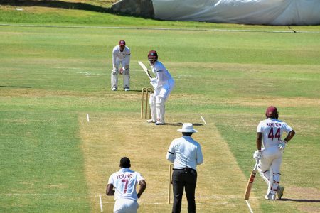  Brandon King bats during his half-century in the Headley Weekes Tri-Series on Wednesday. (Photo courtesy CWI Media) 