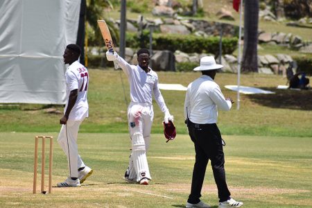 Kevin Wickham (left) and Kirk McKenzie shared a double-hundred stand in the Headley-Weekes Tri-Series yesterday in Antigua. (CWI Media photo)

