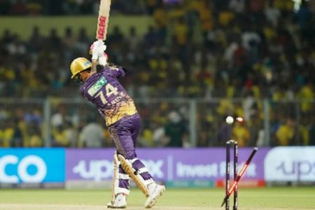 Sunil Narine is bowled during KKR’s defeat to CSK yesterday. (Photo courtesy IPL)