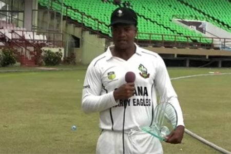 Leon Johnson speaks following Saturday’s final day of the West Indies Championship at the Guyana National Stadum. 