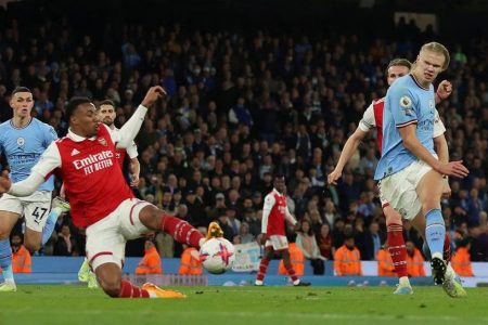 Manchester City’s Erling Braut Haaland scores their fourth goal REUTERS/Phil Noble.