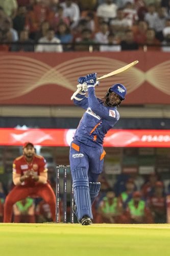 Kyle Mayers blasts one of his boundaries for Lucknow Super Giants against Punjab Kings in the IPL yesterday. (IPLT20 photo)
