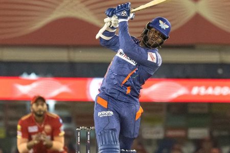 Kyle Mayers blasts one of his boundaries for Lucknow Super Giants against Punjab Kings in the IPL yesterday. (IPLT20 photo)
