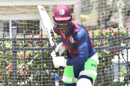 First-game century-maker Kevlon Anderson bats in the nets ahead of the second outing in the Tri-Series. (Photo courtesy CWI Media) 