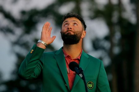 Augusta, Georgia, U.S. - Spain’s Jon Rahm thanks the late Seve Ballesteros during his speech after winning The Masters REUTERS/Brian Snyder