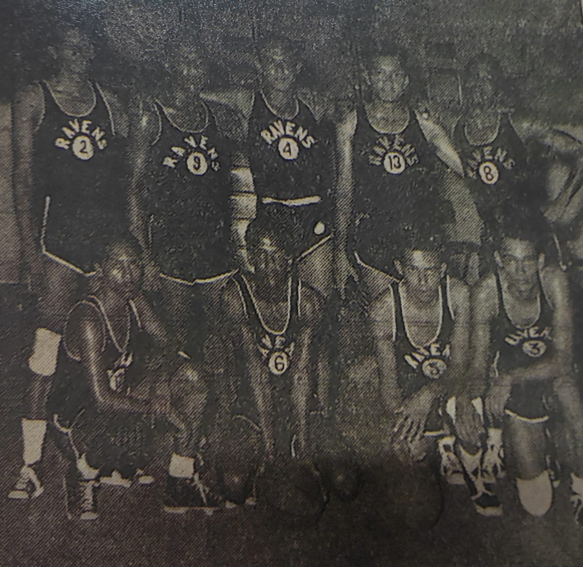 The Ravens basketball Team of June 1955. From left, back row, C .Cabena, L. Taitt, (captain) J. Eyre, D Corsbie, H. Dyatt. Front row, N. Bacchus (vice captain) C. Taitt, R. Savory and K. Corsbie.