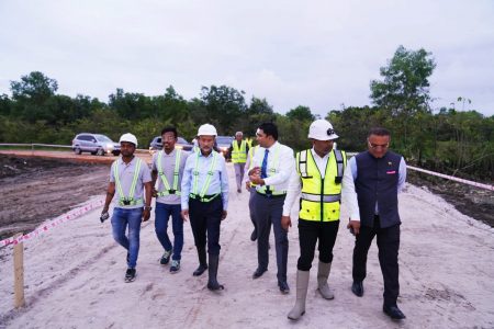 India’s External Affairs Minister, Dr. Subrahmanyam Jaishankar (third from left) visiting the site of the road link. Minister in the Ministry of Public Works, Deodat Indar is second from right. India’s High Commissioner to Guyana Dr K J Srinivasa is at right. (Ministry of Public Works photo)
