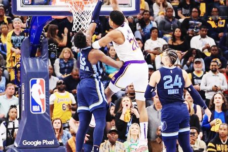 Los Angeles Lakers’ Rui Hachimura not only torched the Memphis Grizzlies with five three pointers but he also posterised Jaren Jackson Jr., with this thunderous dunk. (Photo Reuters