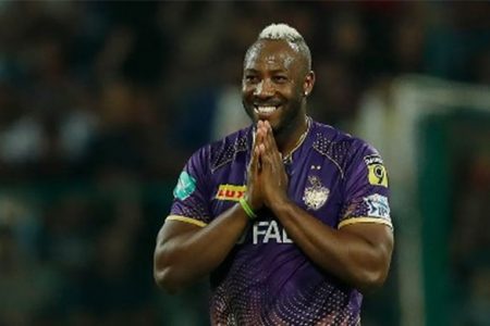 KKR all-rounder Andre Russell celebrates one of his two wickets in the Indian Premier League yesterday. (Photo courtesy IPL) 