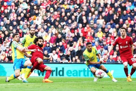  Liverpool’s Mohamed Salah scores their third goal REUTERS/Phil Noble