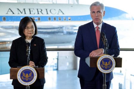 Taiwan's President Tsai Ing-wen and the U.S. Speaker of the House Kevin McCarthy hold a news conference following a meeting at the Ronald Reagan Presidential Library, in Simi Valley, California. (Reuters)