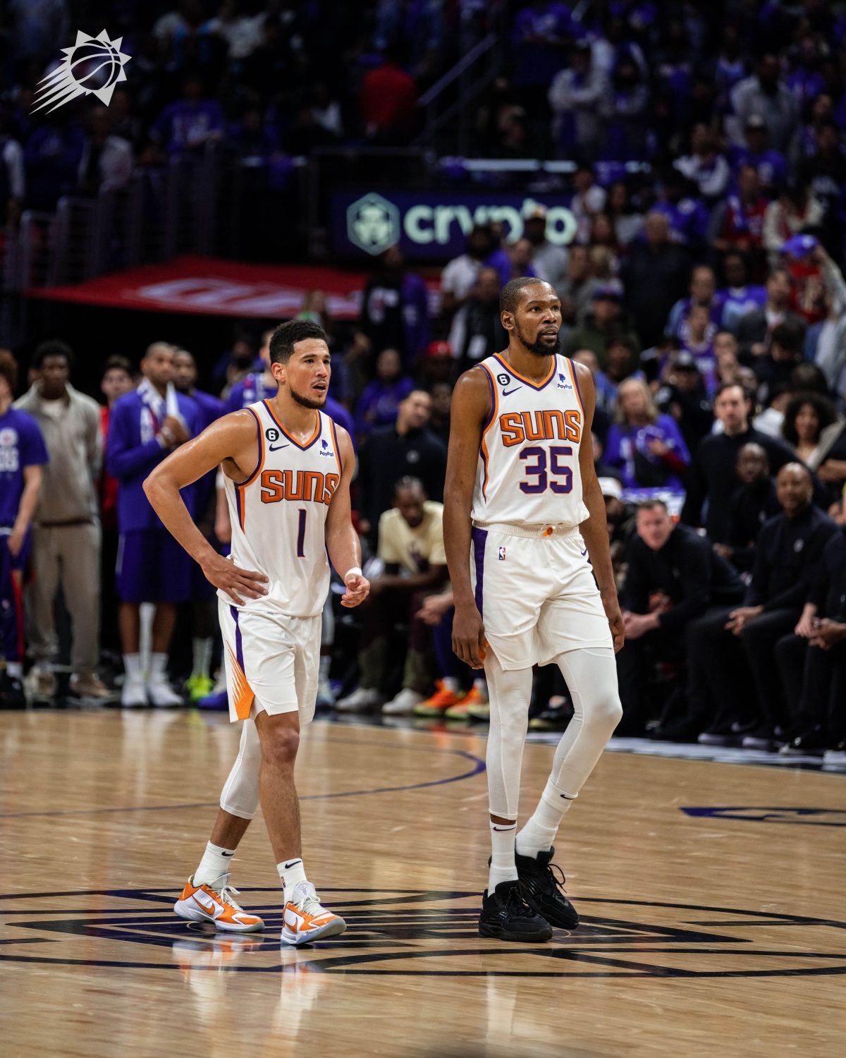 Devin Booker, left and Kevin Durant combined for 73 points to lead the Phoenix Suns to a 129-124 victory in Game three of their Western Conference first round matchup. (Photo courtesy Phoenix Suns website)