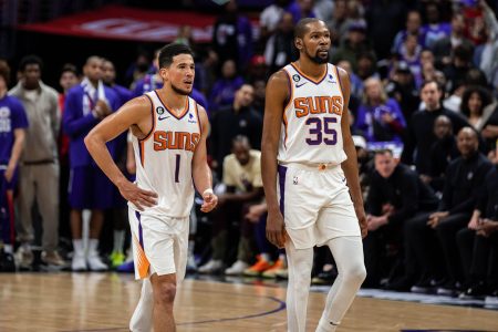 Devin Booker, left and Kevin Durant combined for 73 points to lead the Phoenix Suns to a 129-124 victory in Game three of their Western Conference first round matchup. (Photo courtesy Phoenix Suns website)