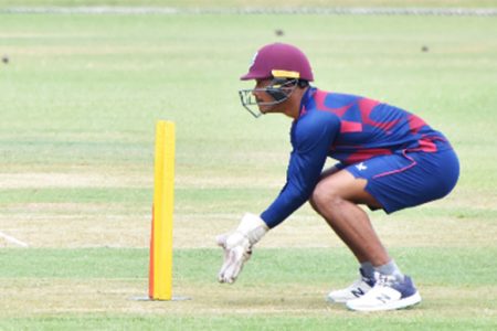 Tevin Imlach stands up to the stumps during a training session ahead of WI Academy’s second match today. (Photo courtesy CWI Media) 