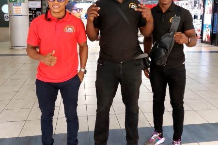 Guyana’s highest ranked boxer and Sportsman-of -The-Year,
‘Dynamite’ Desmond Amsterdam and Olympian, Keevin Allicock
along with coach, Terrence Poole, departed for Uzbekistan yesterday
