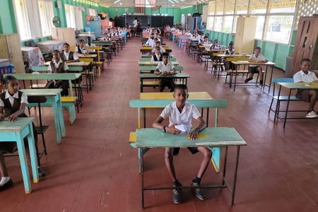 Students of the Strathspey Primary School were all set yesterday to commence their Grade Six examination. Over 14000 students country wide were expected to sit the exams which concludes today. (Ministry of Education photo)