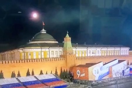 A still image taken from video shows a flying object approaching the dome of the Kremlin Senate building during the alleged Ukrainian drone attack in Moscow, Russia, in this image taken from video obtained by Reuters May 3, 2023. Ostorozhno Novosti/Handout via REUTERS