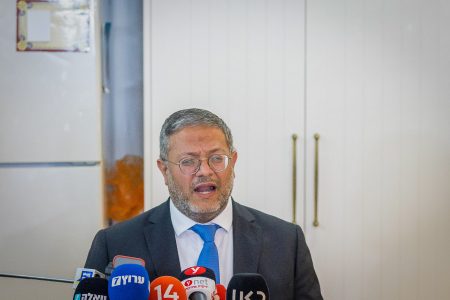 Itamar Ben Gvir, Minister of National Security and head of the Otzma Yehudit political party gives a press statement during a party meeting in the southern Israeli city of Sderot, May 3, 2023. Photo by Flash90 *** 