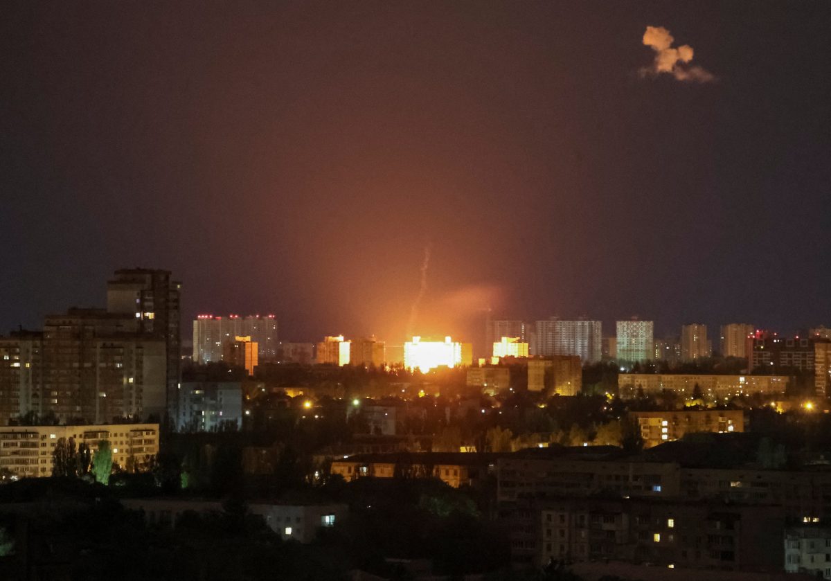 A drone explosion is seen during a Russian strike in Kyiv on Monday. Photo: Reuters