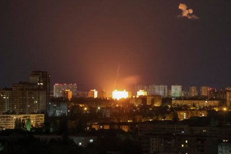 A drone explosion is seen during a Russian strike in Kyiv on Monday. Photo: Reuters