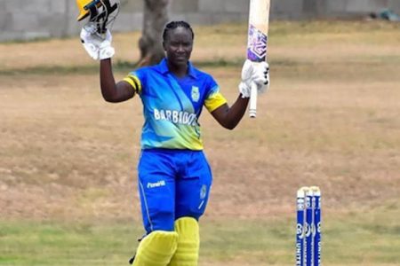 Barbados Women’s batman Kyshona Knight celebrates after reaching her hundred against Jamaica Women in the West Indies Women’s Super50 Cup on Friday at the Conaree Sports Club in St Kitts. (CWI Media photo)
