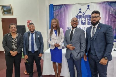 Some of the party’s executive: From left – Treasurer Nazia Mohamed, Assistant Treasurer Brad Singh, Vice President Lynn Medford, President George Gonsalves and Founder and Executive Member Keron Bruce