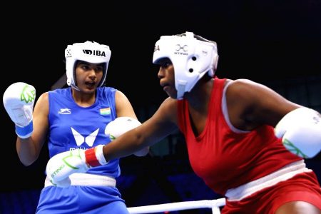 Guyana’s Abiola jackman in action against India’s Nupur Sheoran in March at the World Championships