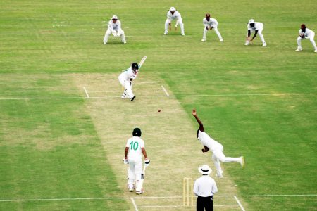 Fast bowler Akeem Jordan attacks Zakir Hasan with four slips, eventually having him caught behind by wicketkeeper Joshua Da Silva. (Photo courtesy Reuters)
